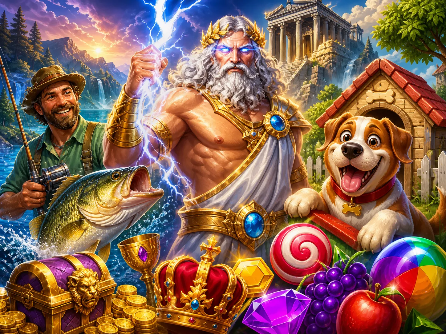 Promotional artwork featuring vibrant slot game characters from Pinco Casino set in a fantasy world.