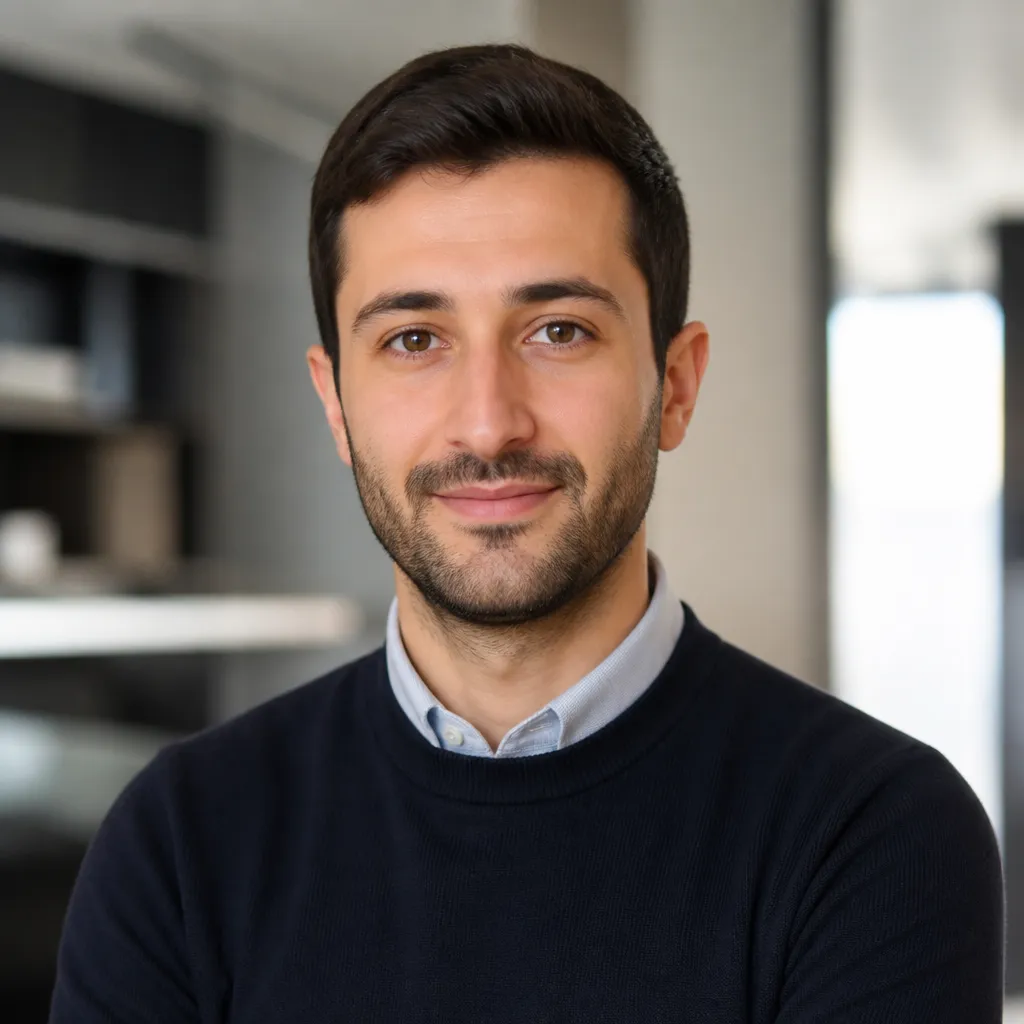Professional headshot of a fictional Azerbaijani author with smart casual attire in a subtle office setting, conveying trust 
