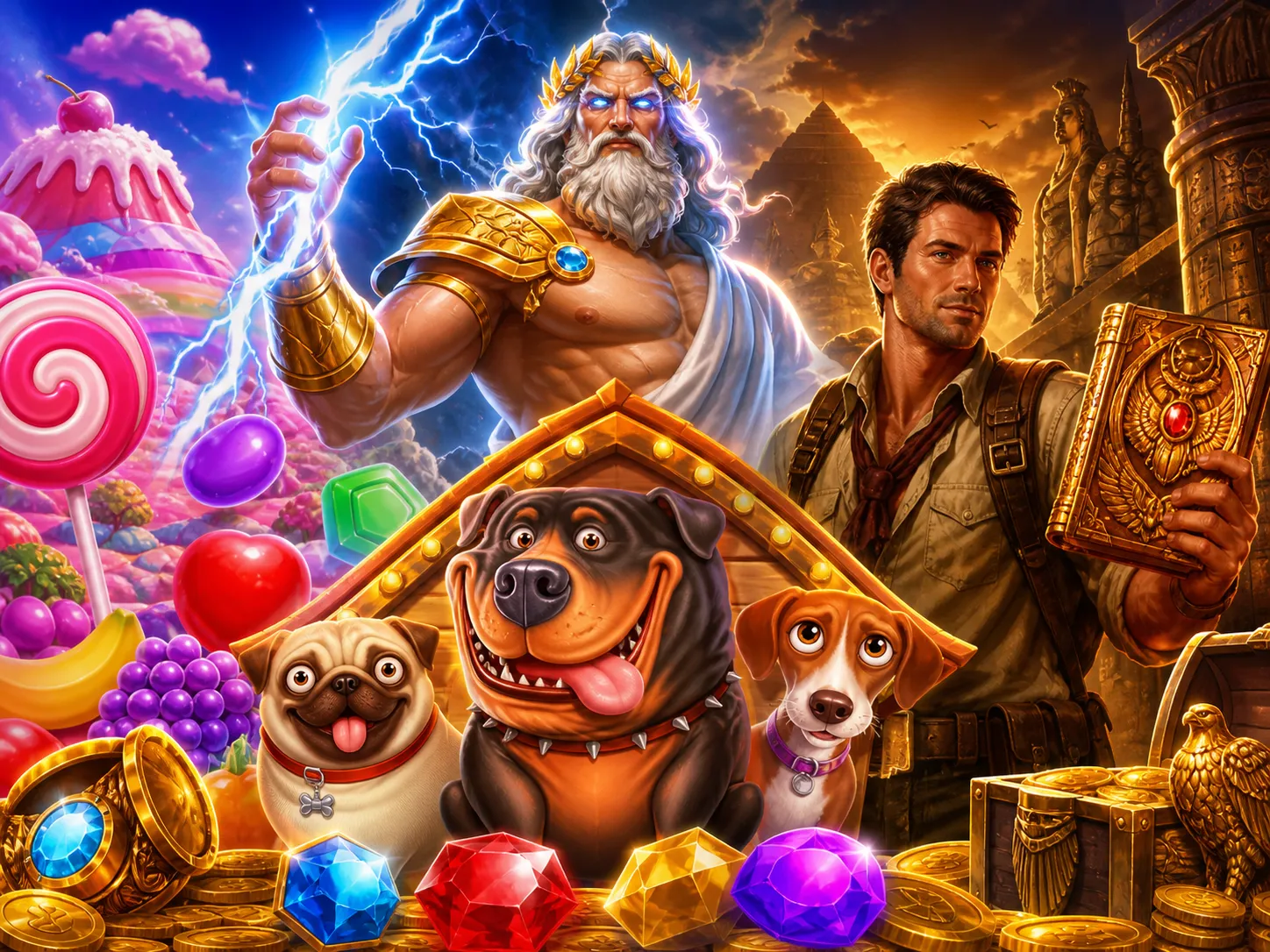High-quality artwork displaying vibrant slot game characters set in diverse, fantasy environments.